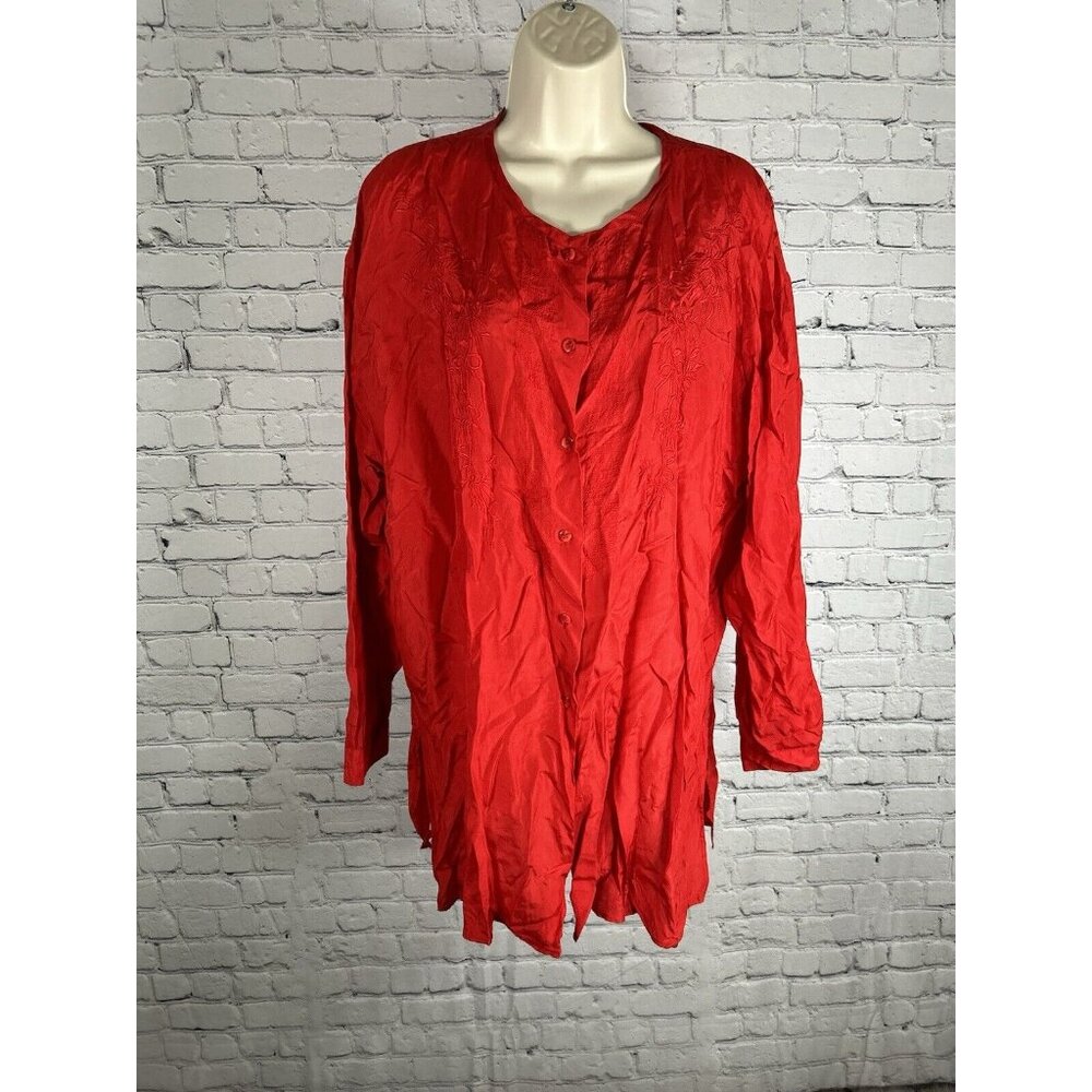 VTG Adrian Jordan 100% Silk Red Long Sleeve Button Up Satin Embroidered Tunic 14